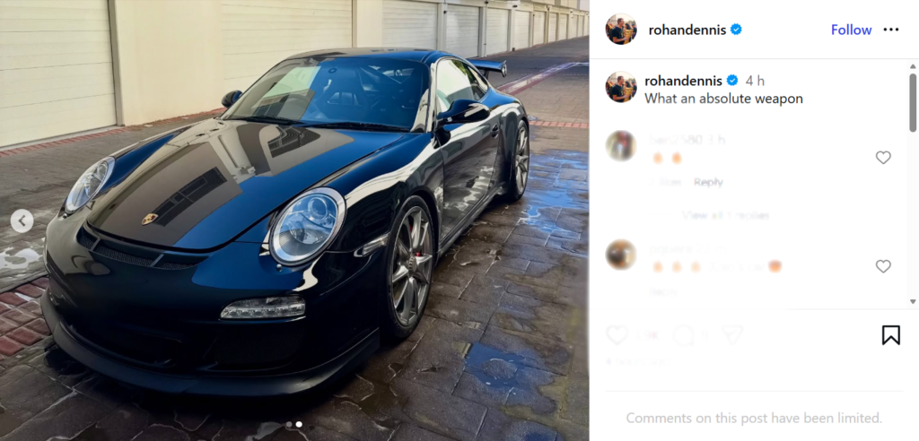 A screenshot of the post showing a black Porsche after being washed