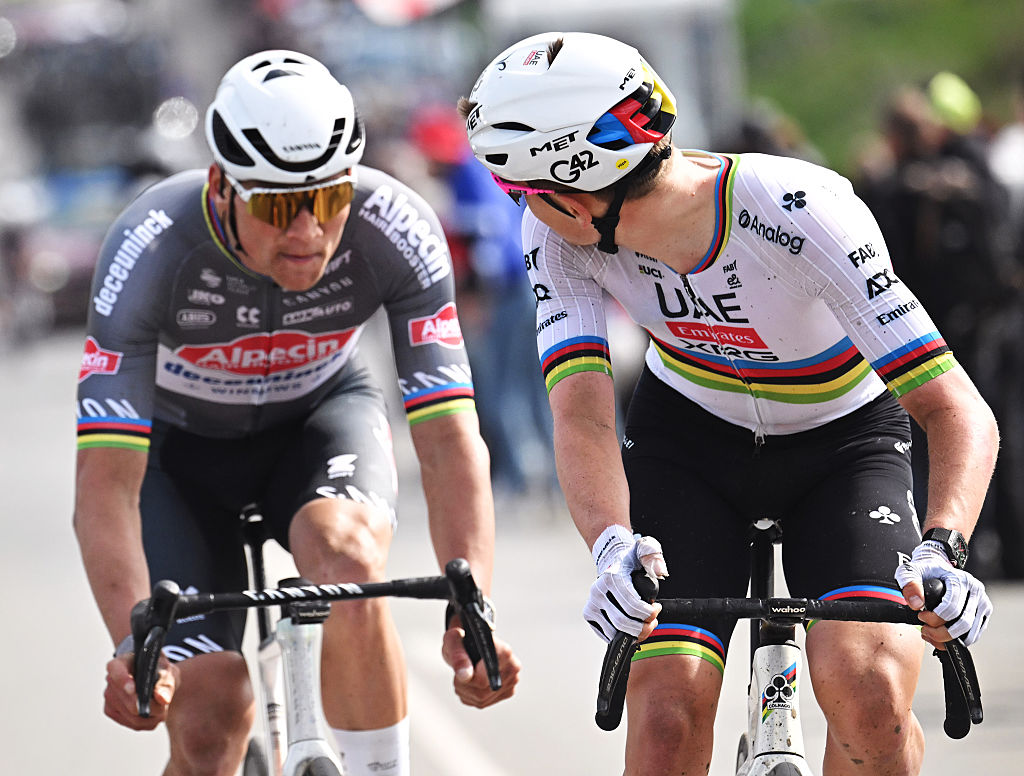 ROUBAIX, FRANCE - APRIL 13: (L-R) Mathieu Van Der Poel of Netherlands and Team Alpecin - Deceuninck and Tadej Pogacar of Slovenia and UAE Team Emirates - XRG compete in the breakaway during the 122nd Paris - Roubaix 2025 a 259.2km one day race from Compiegne to Roubaix / #UCIWT / on April 13, 2025 in Roubaix, France. (Photo by Bernard Papon - Pool/Getty Images)