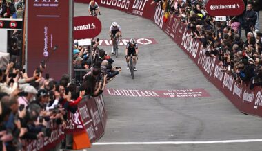 SIENA, ITALY - MARCH 07: A general view of Elise Chabbey of Switzerland and Team FDJ United - SUEZ celebrates at finish line as stage winner ahead of Kasia Niewiadoma of Poland and Team CANYON//SRAM zondacrypto and Franziska Koch of Germany and Team FDJ United - SUEZ during to the 12th Strade Bianche Donne 2026 a 133km one day race from Siena to Siena / #UCIWWT / on March 07, 2026 in Siena, Italy. (Photo by Luc Claessen/Getty Images)
