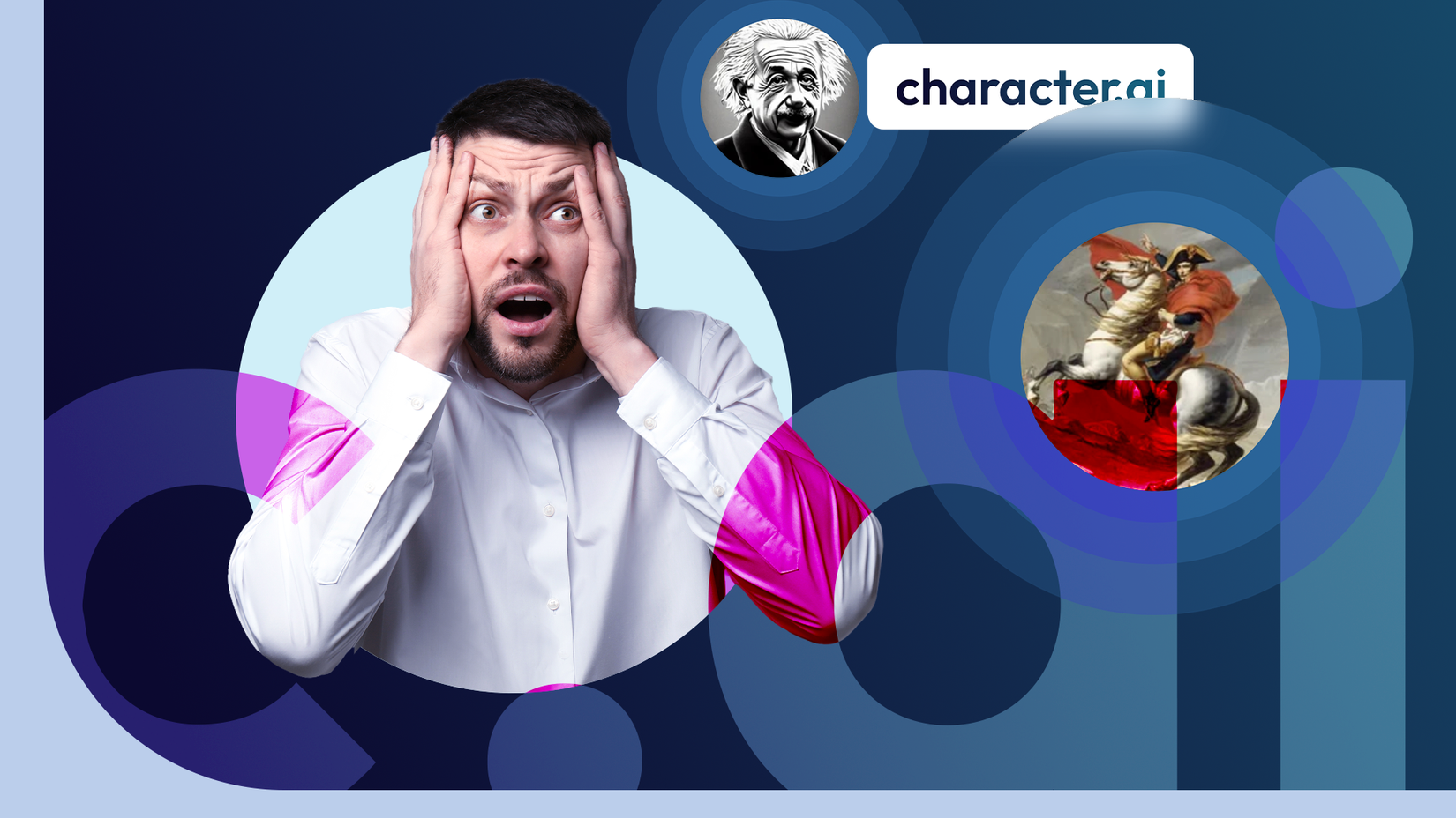 A shocked man holding his head, surrounded by the Character.ai logo and icons of Albert Einstein and Napoleon Bonaparte against a blue background.