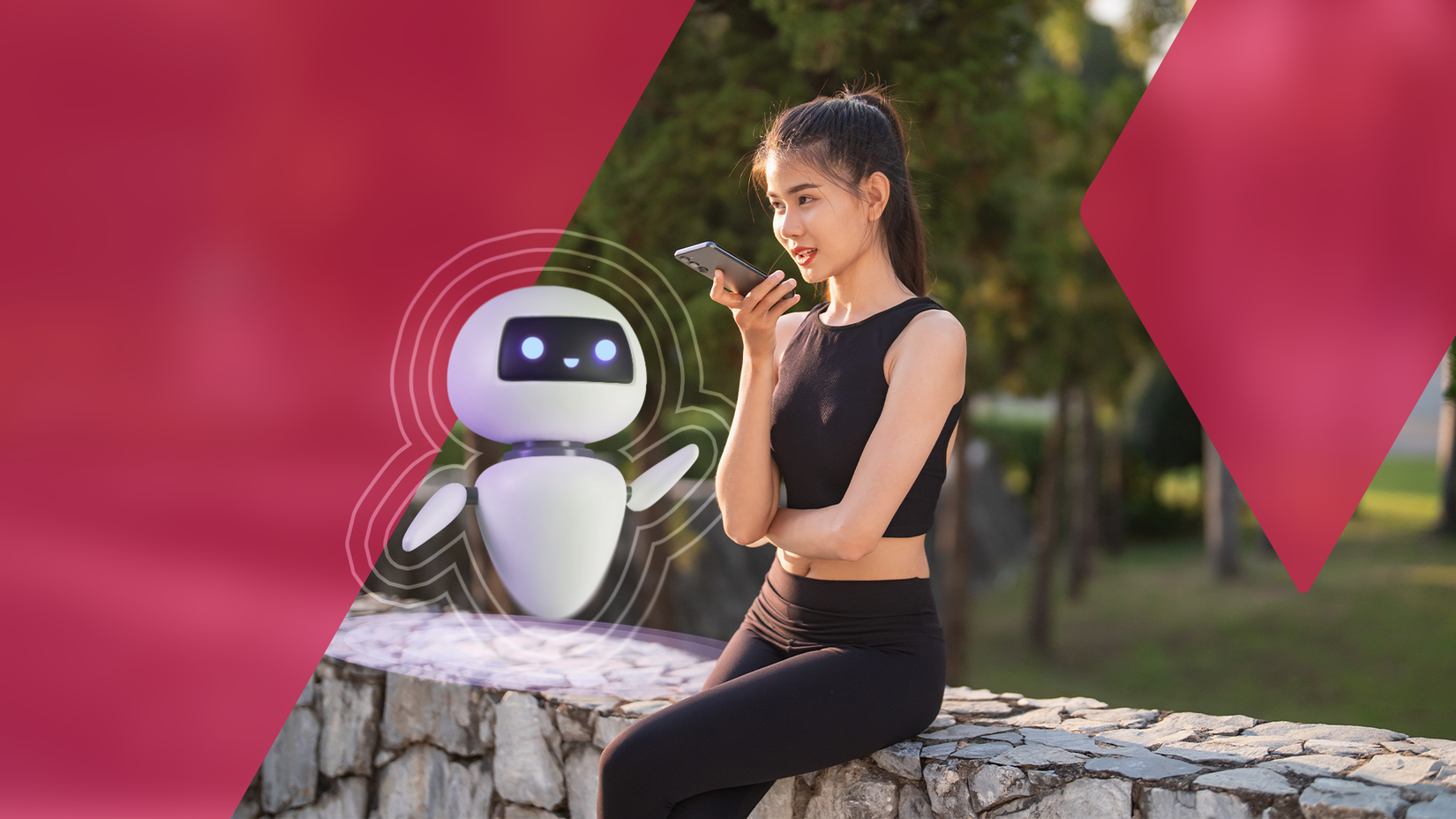 A woman sitting and using the voice assistant on her phone, with a AI robot next to her.