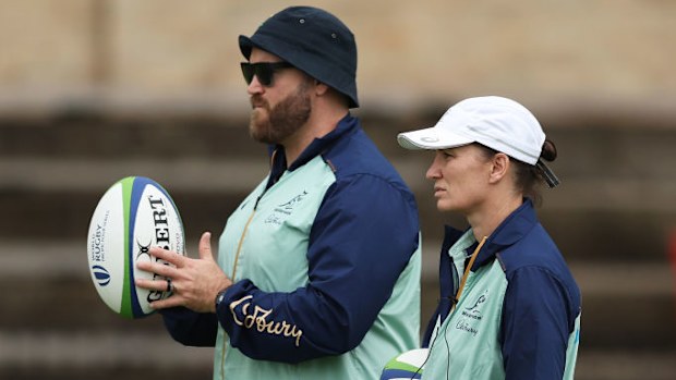 Wallaroos coach Jo Yapp and assistant Sam Needs at Sydney Grammar School.