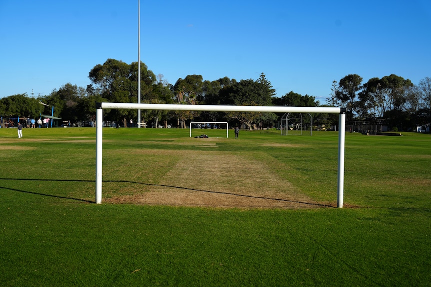View looking through soccer goal at Abbeville Park