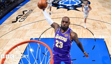 LeBron James in action for the LA Lakers in their victory against the Orlando Magic