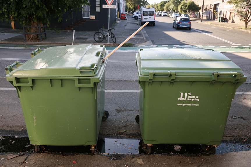 a pair of large dumpster bins parked on the kerb of the road