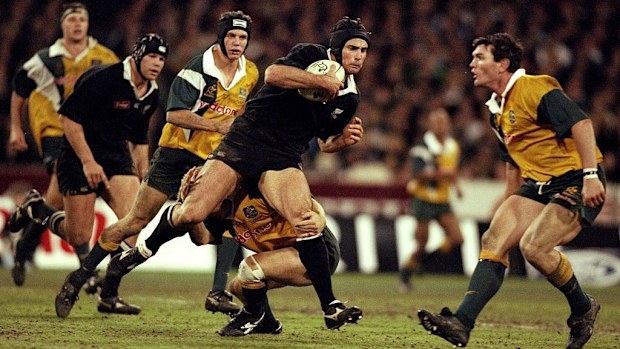 Scott McLeod of New Zealand charges forward during a Bledisloe Cup match against Australia.
