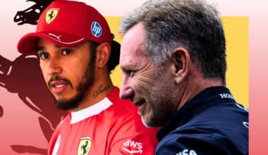 An edited feature image of Lewis Hamilton looking shocked and Christian Horner smiling with a Ferrari logo in the background