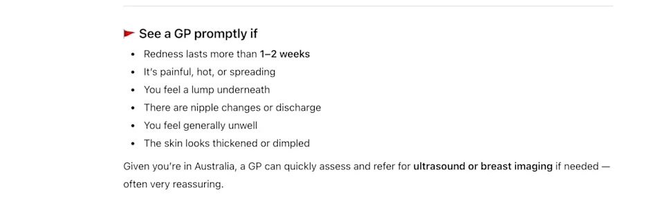 ChatGPT's advice after asking about breast redness. Source: Yahoo Lifestyle Australia