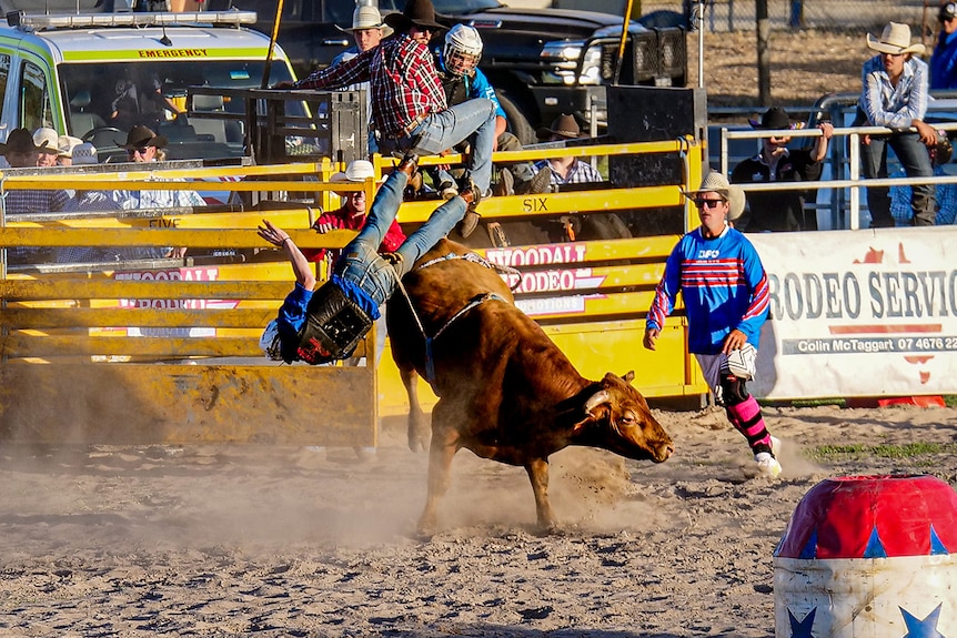Upside down falling off bull