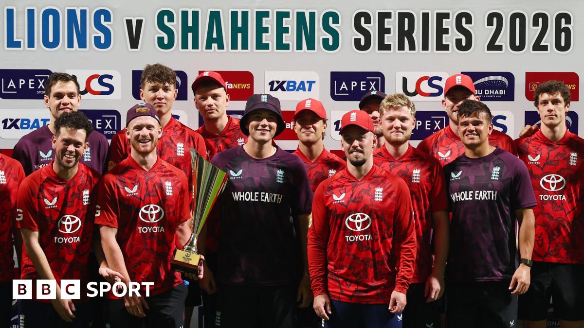 The players of England Lions celebrate winning the T20 series against Pakistan Shaheens