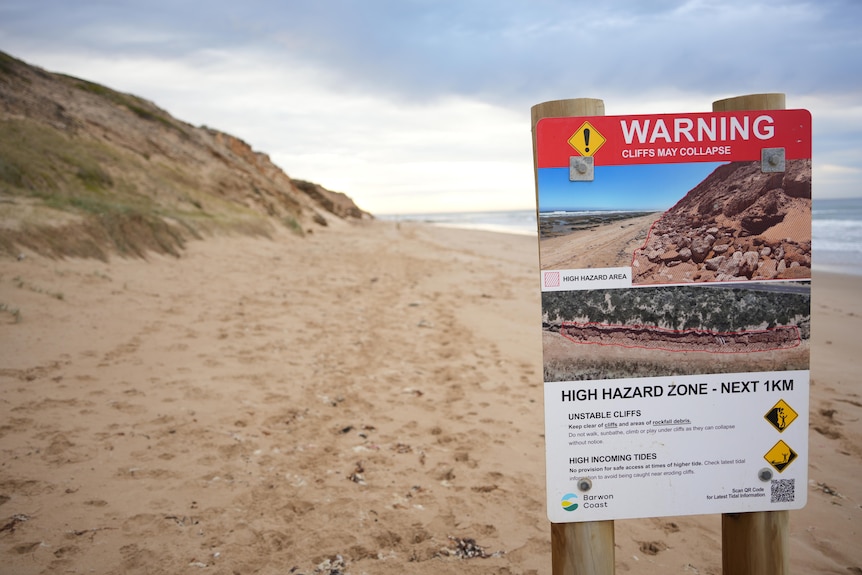 A warning sign for "unstable cliffs" at Thirteenth Beach.
