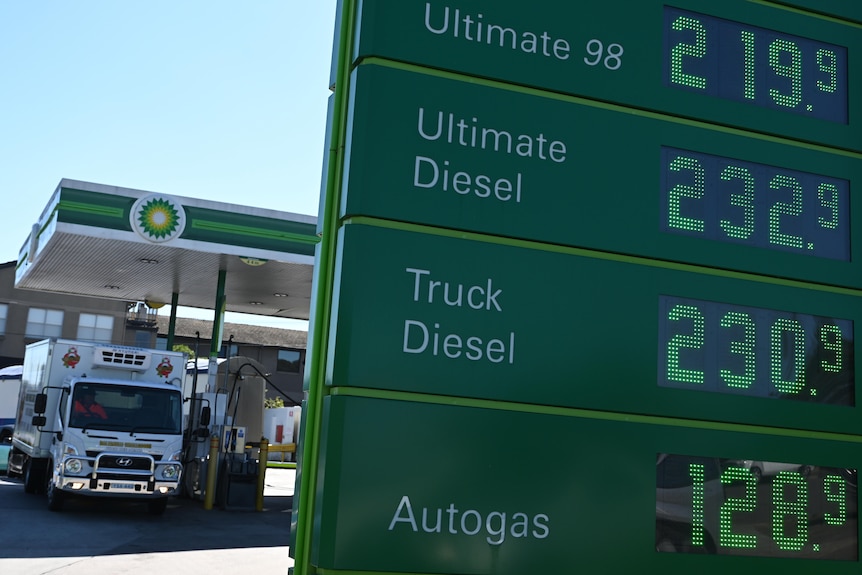 Fuel prices are displayed at a petrol station in Canberra