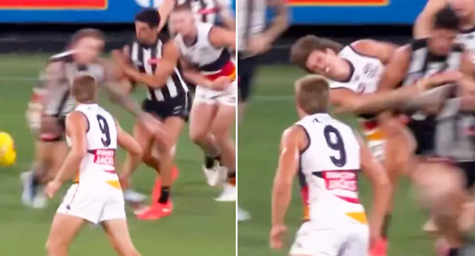 Scott Pendlebury's shoulder, pictured here hitting Josh Worrell in the head.