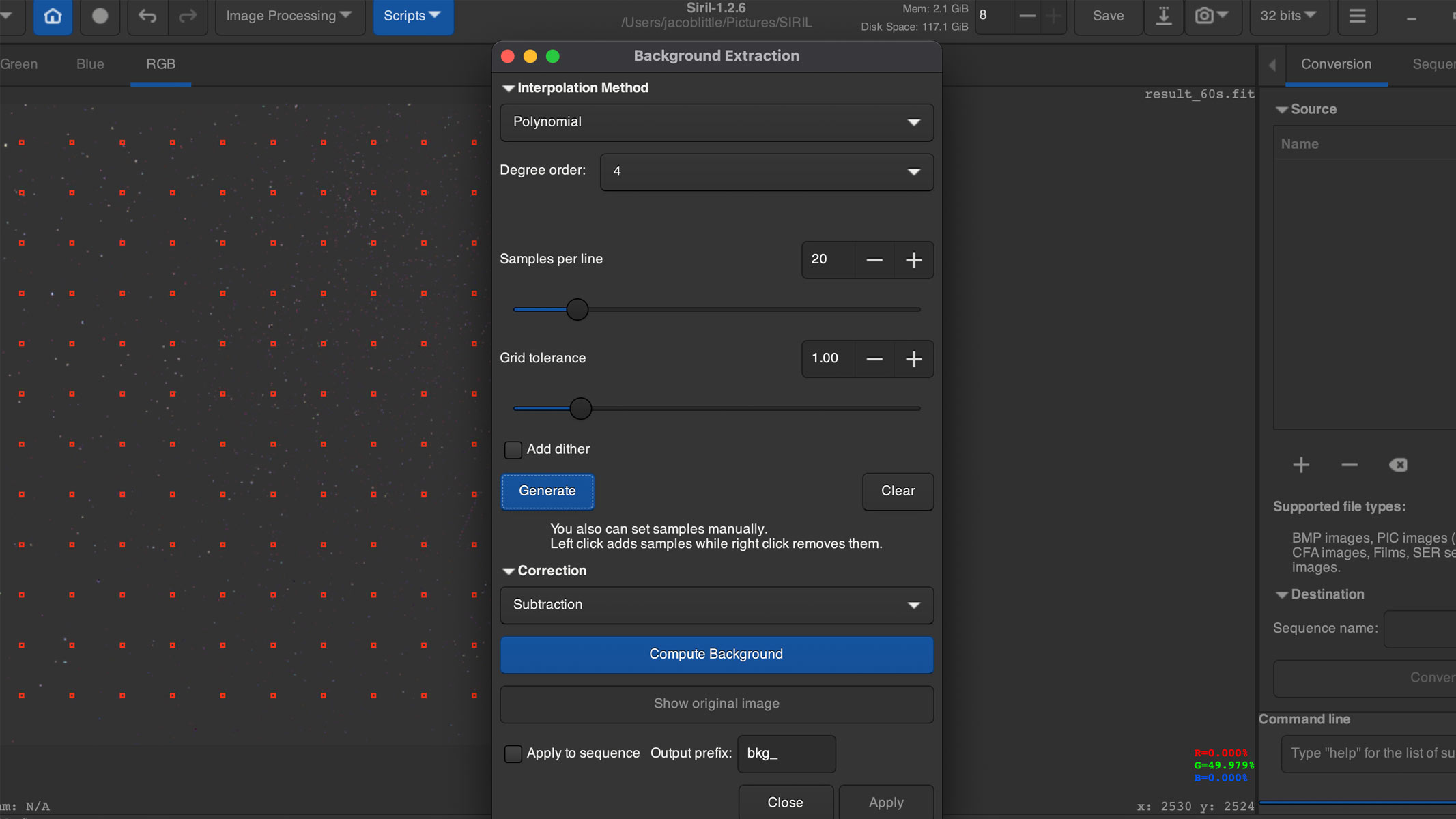 A screenshot of the image processing screen of the Siril software.