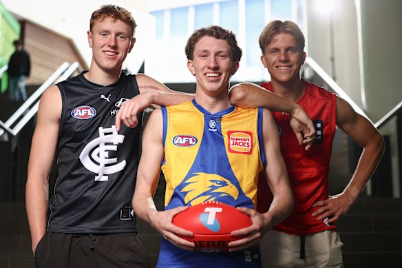 The top three selections in the 2025 national draft: Harry Dean (pick No.3 to Carlton), Willem Duursma (No.1 to West Coast) and Zeke Uwland (No.2 to the Gold Coast).