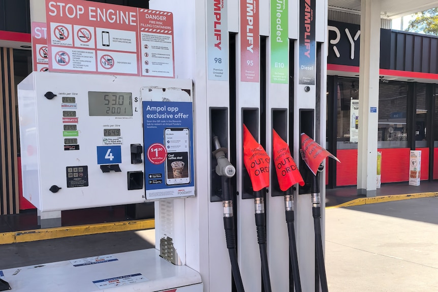 Petrol station with no fuel sign in Hornsby, NSW.