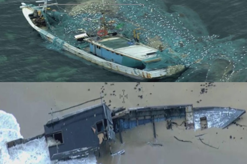 Composite image of an abandoned fishing boat at sea and buried in sand.  