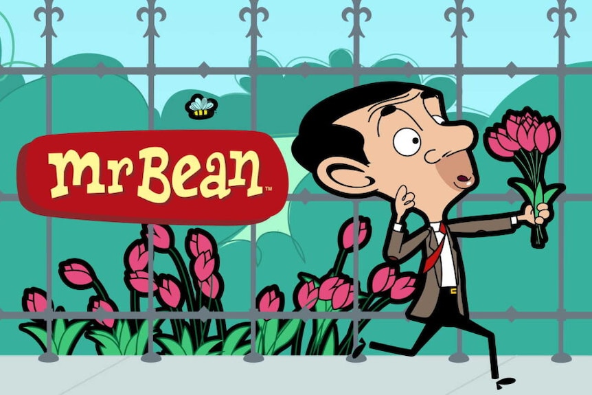 An animated Mr Bean wearing a suit is running at a park clutching a bouquet of tulips