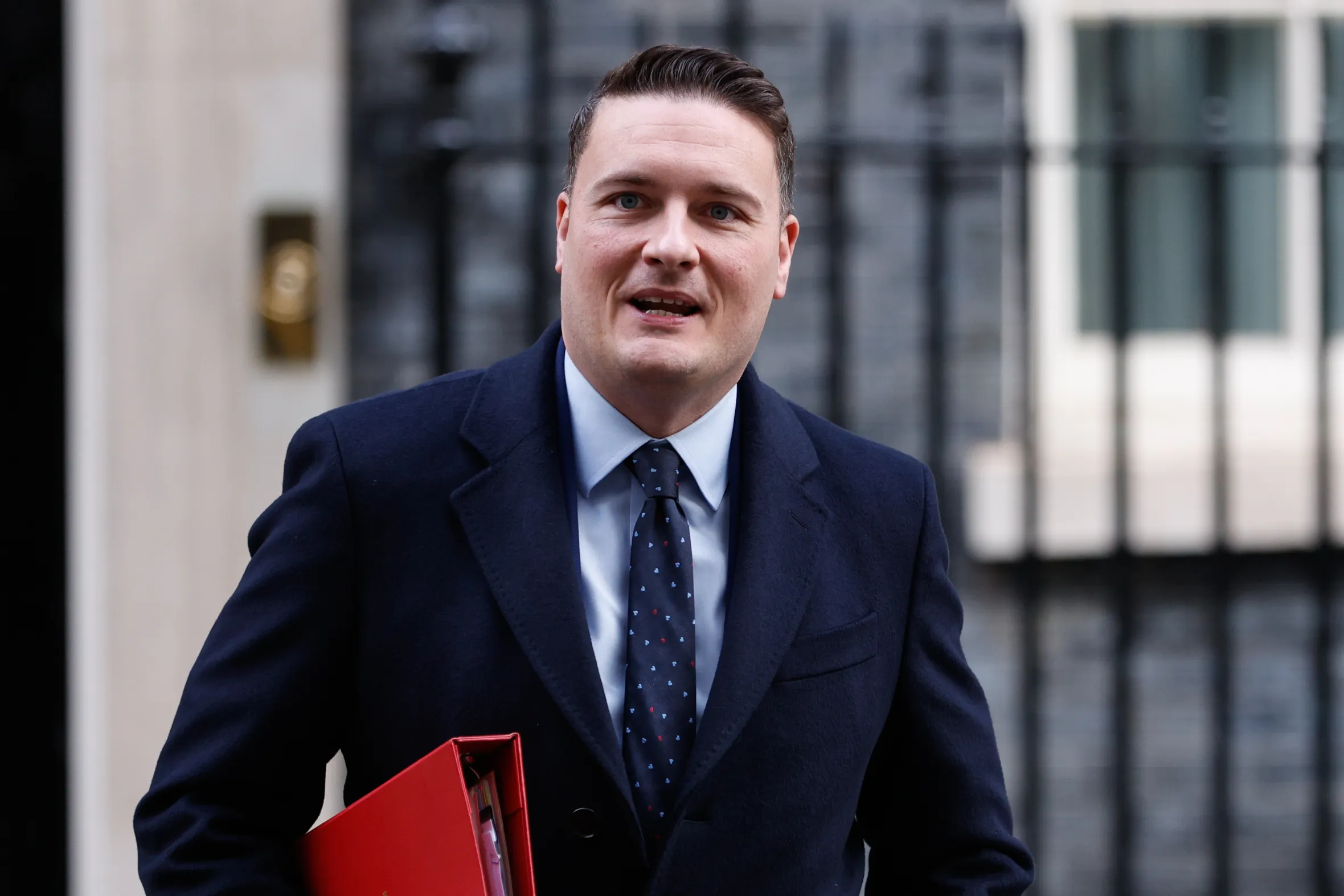 UK Secretary of State for Health and Social Care Wes Streeting leaving a weekly cabinet meeting.