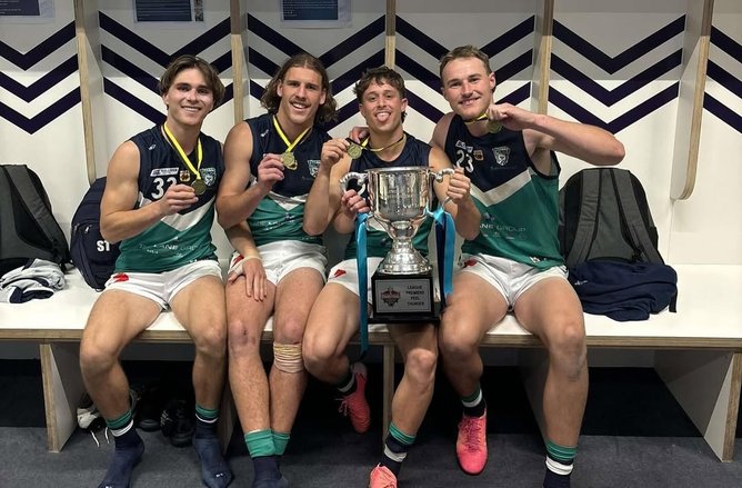 Scott Tuia, Michael Sellwood, Taj Wyburd, and Corey regenza-Cashell celebrate Peel's 2024 WAFL premiership.