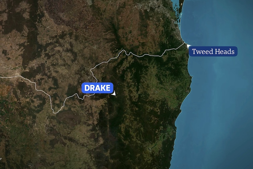 a map of nsw with two locations highlighted, drake and tweed heads