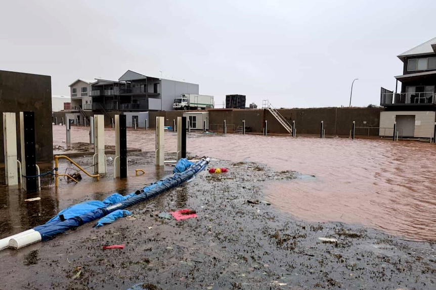 Muddy red water in a marina