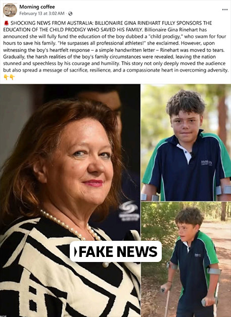 A facebook fake news post featuring Gina Rinehart and Austin Appelbee