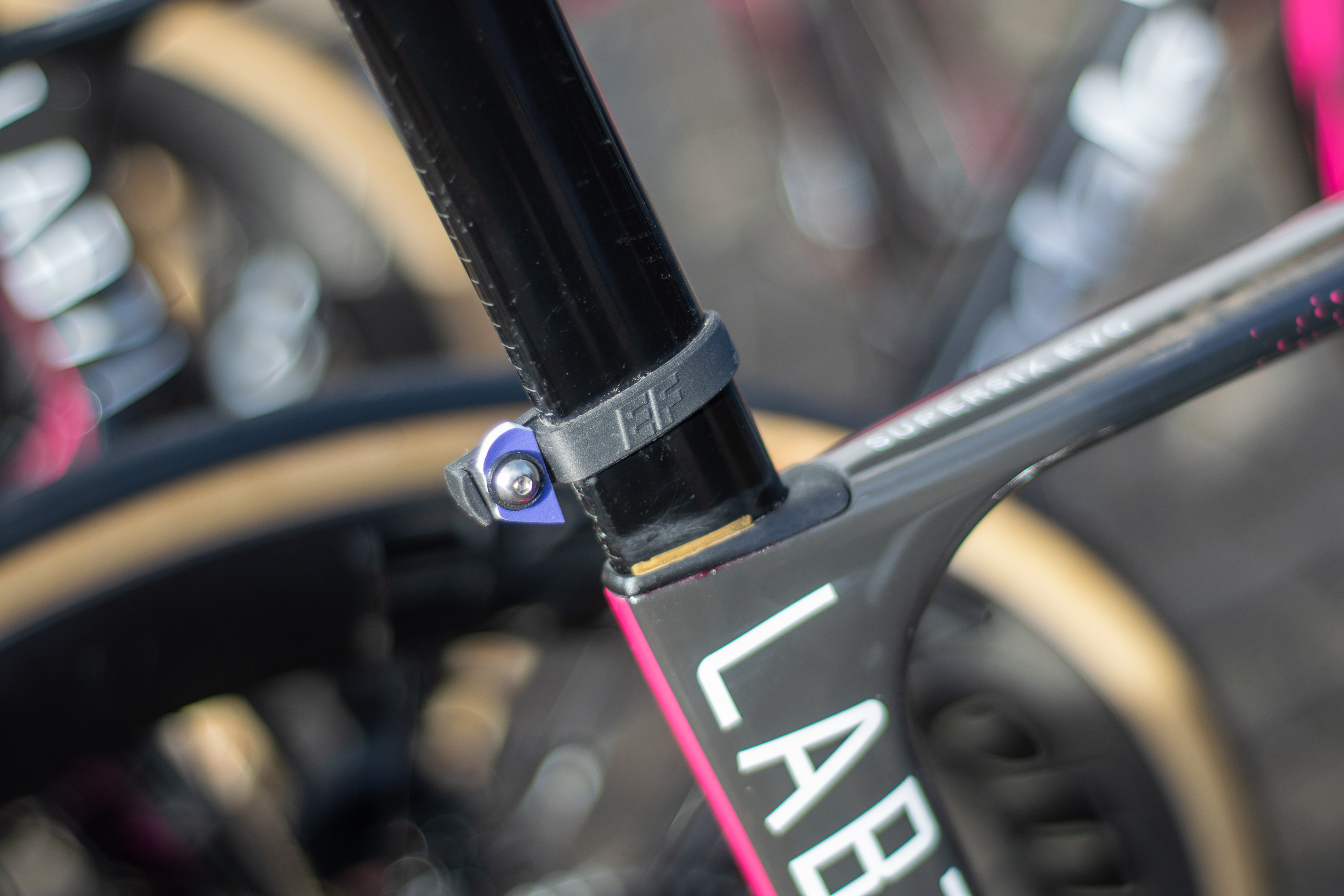 Closeup of the custom race number mount on the seatpost