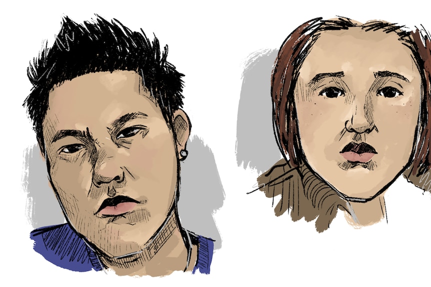 A courtroom sketch shows a man scowling and a woman with a blank expression.