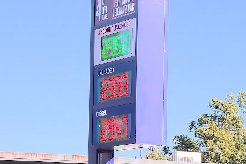 A sign outside a Vibe service station showing the price of unleaded petrol, discount unleaded petrol and diesel.