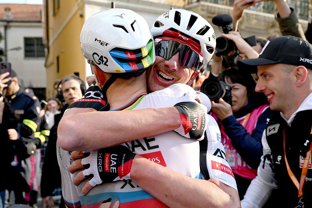 SANREMO, ITALY - MARCH 21: Race winner Tadej Pogacar of Slovenia and UAE Team Emirates - XRG and Brandon McNulty of United States react after the 117th Milano-Sanremo 2026, Men&amp;apos;s Elite a 298km one day race from Pavia to Sanremo / #UCIWT / on March 21, 2026 in Sanremo, Italy. (Photo by Dario Belingheri/Getty Images)