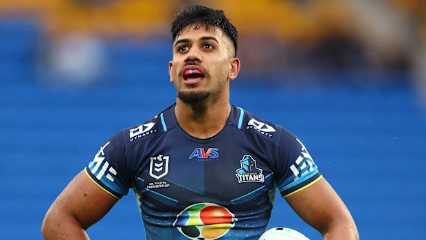 GOLD COAST, AUSTRALIA - MAY 31: Alofiana Khan-Pereira of the Titans looks on during the round 13 NRL match between Gold Coast Titans and Melbourne Storm at Cbus Super Stadium, on May 31, 2025, in Gold Coast, Australia. (Photo by Chris Hyde/Getty Images)