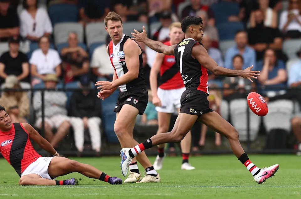 Seen here, Nasiah Wanganeen-Milera kicking the footy in St Kilda's pre-season win over Essendon.