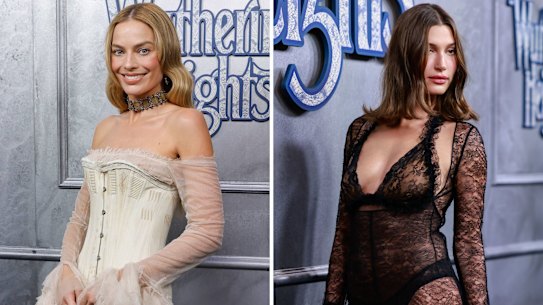 Composite of Margot Robbie and Hailey Bieber at the “Wuthering Heights” premiere in Sydney.