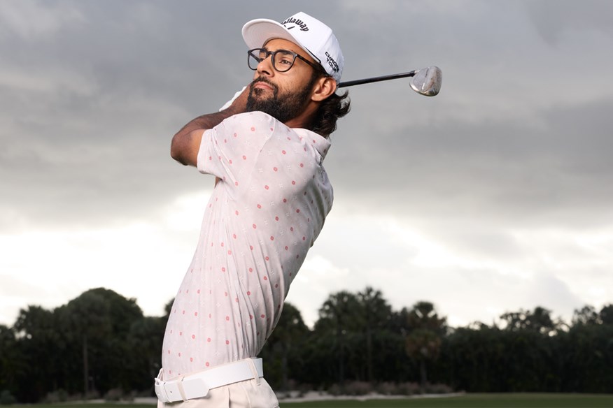 Akshay Bhatia wears a polo from the TravisMathew 'Our Favorite Time of Year' collection.