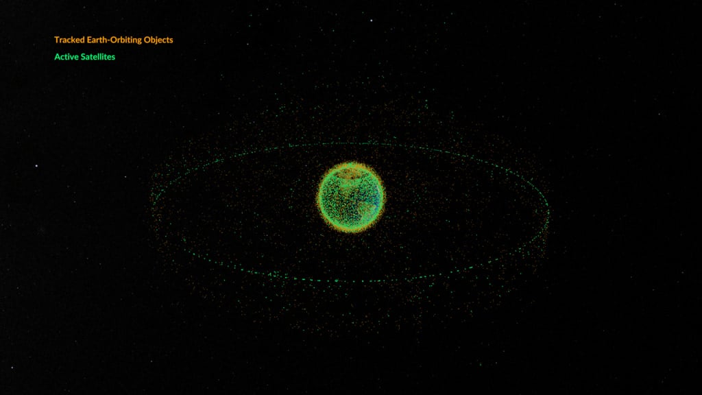 NASA visualization of satellites in orbit. Credit - NASA Scientific Visulization Studio / Kel Elkins / Jessica Ende / Charles Fisher / Christina Mitchell