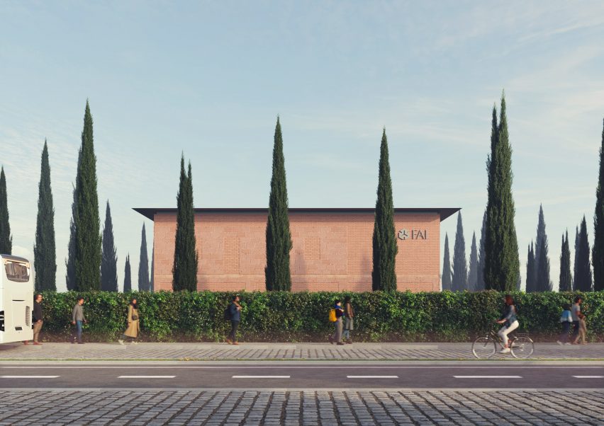 Exterior render of the Brion Tomb visitor centre in Italy