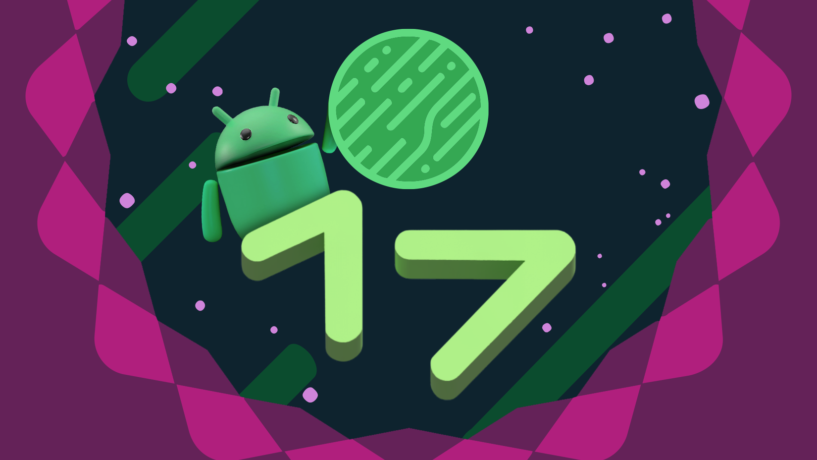 Android 17 graphic featuring the Android mascot behind the number 17 holding a green patterned sphere.