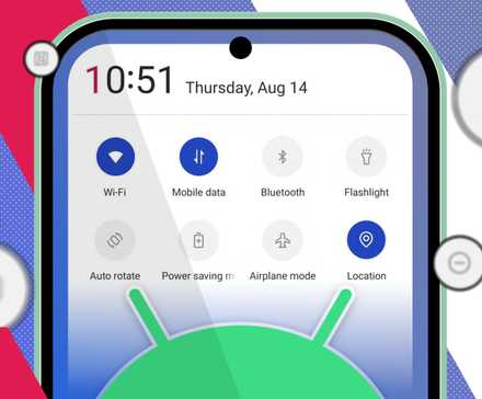 Close-up of a smartphone screen displaying Android’s Quick Settings panel, with the Android logo visible at the bottom