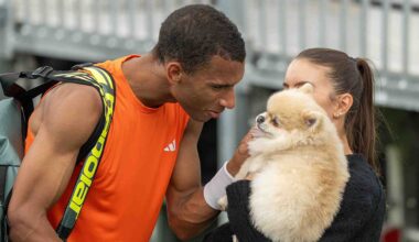 Felix Auger-Aliassime with wife Nina Ghaibi and their dog, Timmy, in Miami on Monday.