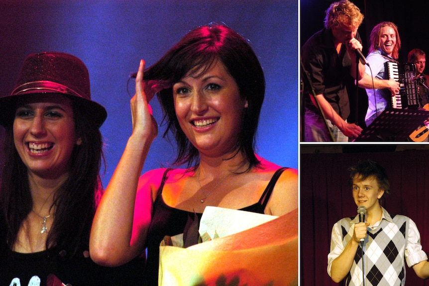 A composite image of old pics of Celia Pacquola, left, Tim Minchin, top right, and Josh Thomas, bottom right, at MICF.