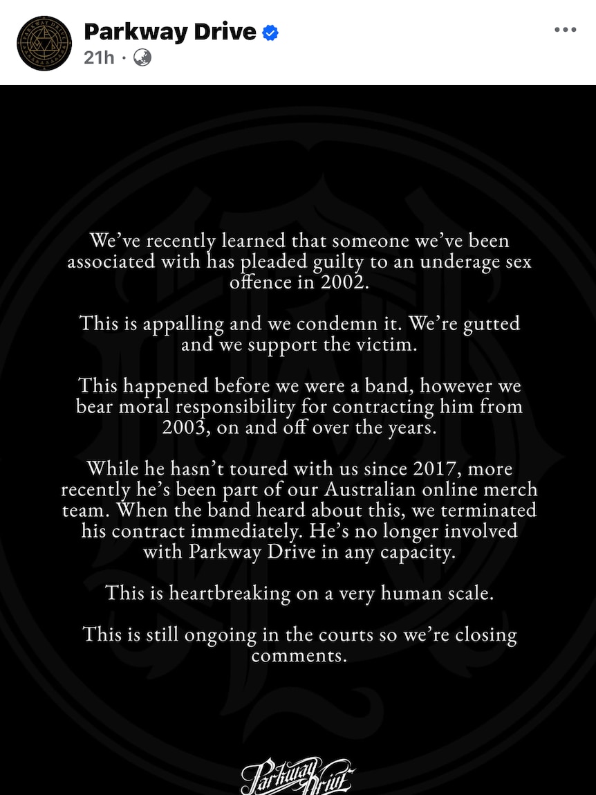 A written statement, white words on a black background, posted on Facebook.