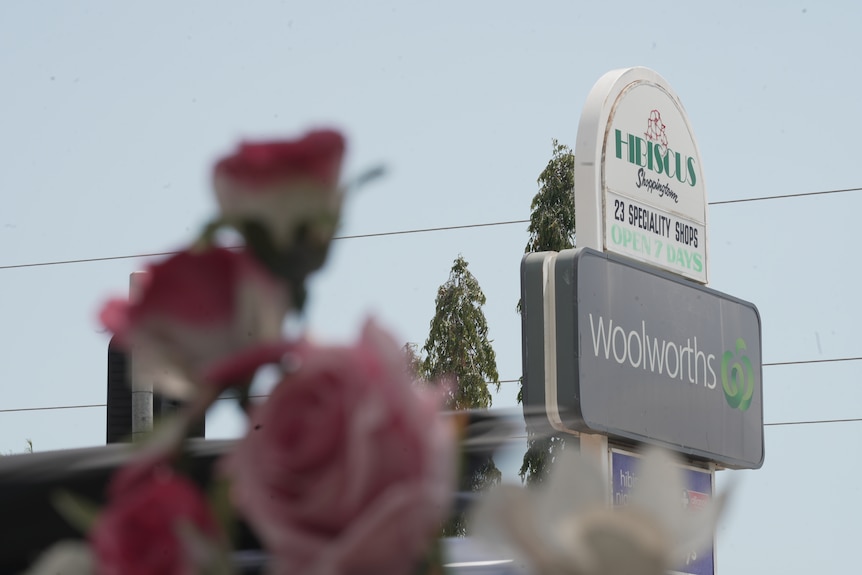 Flowers in the foreground with a shopping centre sign in the background
