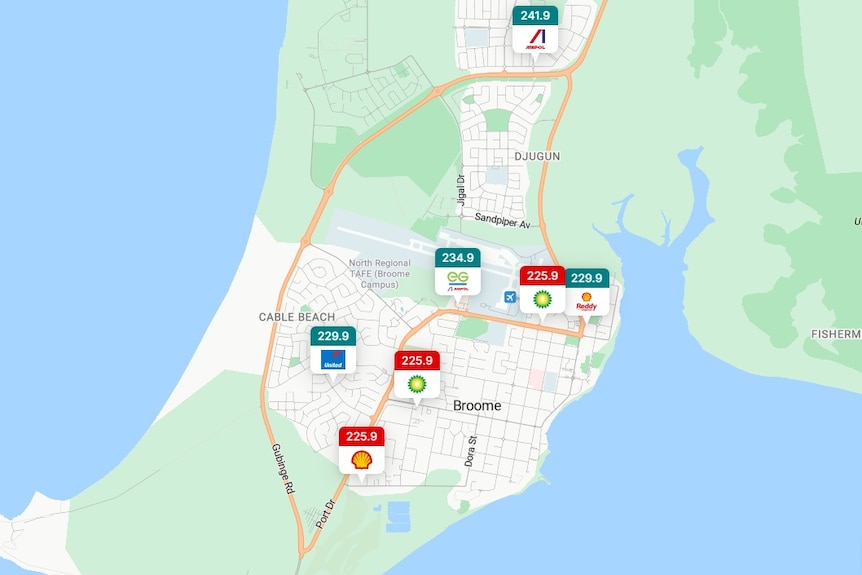 A map showing petrol prices at a handful of locations. 