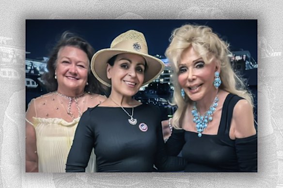 Rita Panahi is flanked by Gina Rinehart (left) and Toni Holt Kramer at Panahi’s birthday bash.
