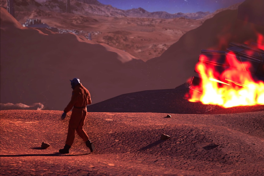 A digital image of a blue pig man walking away from a fire on another planet