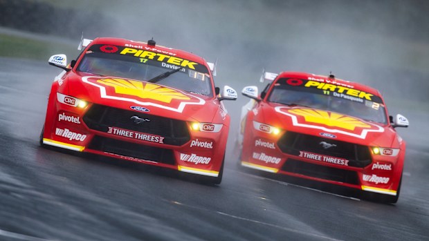 (L-R) Will Davison driver of the #17 Shell V-Power Racing Ford Mustang GT and Anton de Pasquale driver of the #11 Shell V-Power Racing Ford Mustang GT during the Ned Whisky Tasmania Supersprint, part of the 2024 Supercars Championship Series at Symmons Plains Raceway, on August 17, 2024 in Launceston, Australia. (Photo by Daniel Kalisz/Getty Images)