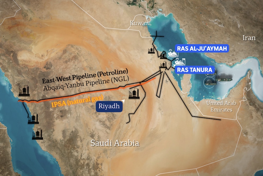 A coloured map with labels showing the Strait of Hormuz, East-West Pipeline and Iran, among other landmarks.
