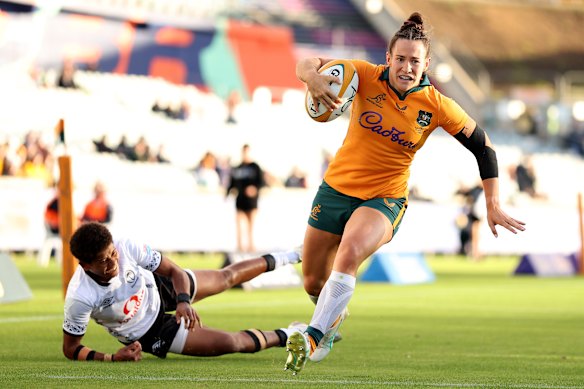 Maya Stewart scores a try for the Wallaroos in their win over Fiji in Canberra.