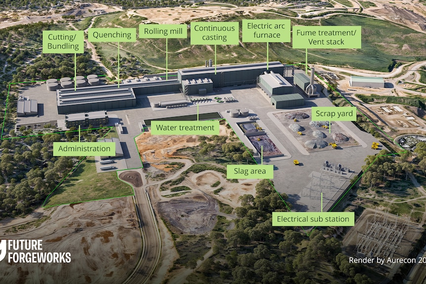 Artist impression of new steel mill at Ipswich including various locations of machinery.